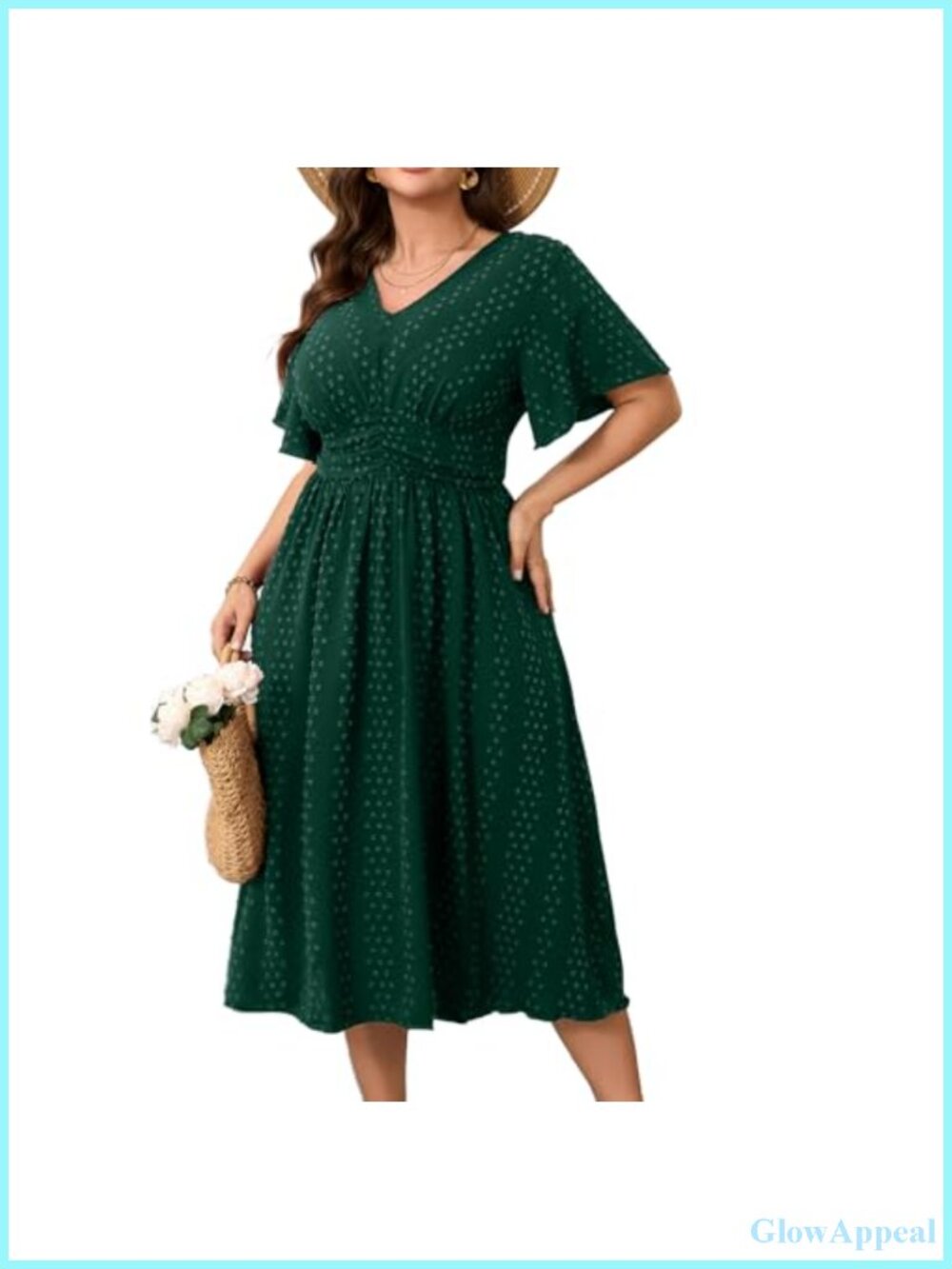 Plus Size Maxi Dress V Neck Short Sleeve Swiss Dot Swing Boho A-Line High Waist